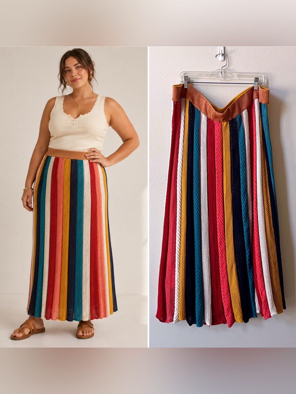 Anthropologie Multicolor Striped Maxi Skirt - Red, Teal, Mustard, Navy, Cream